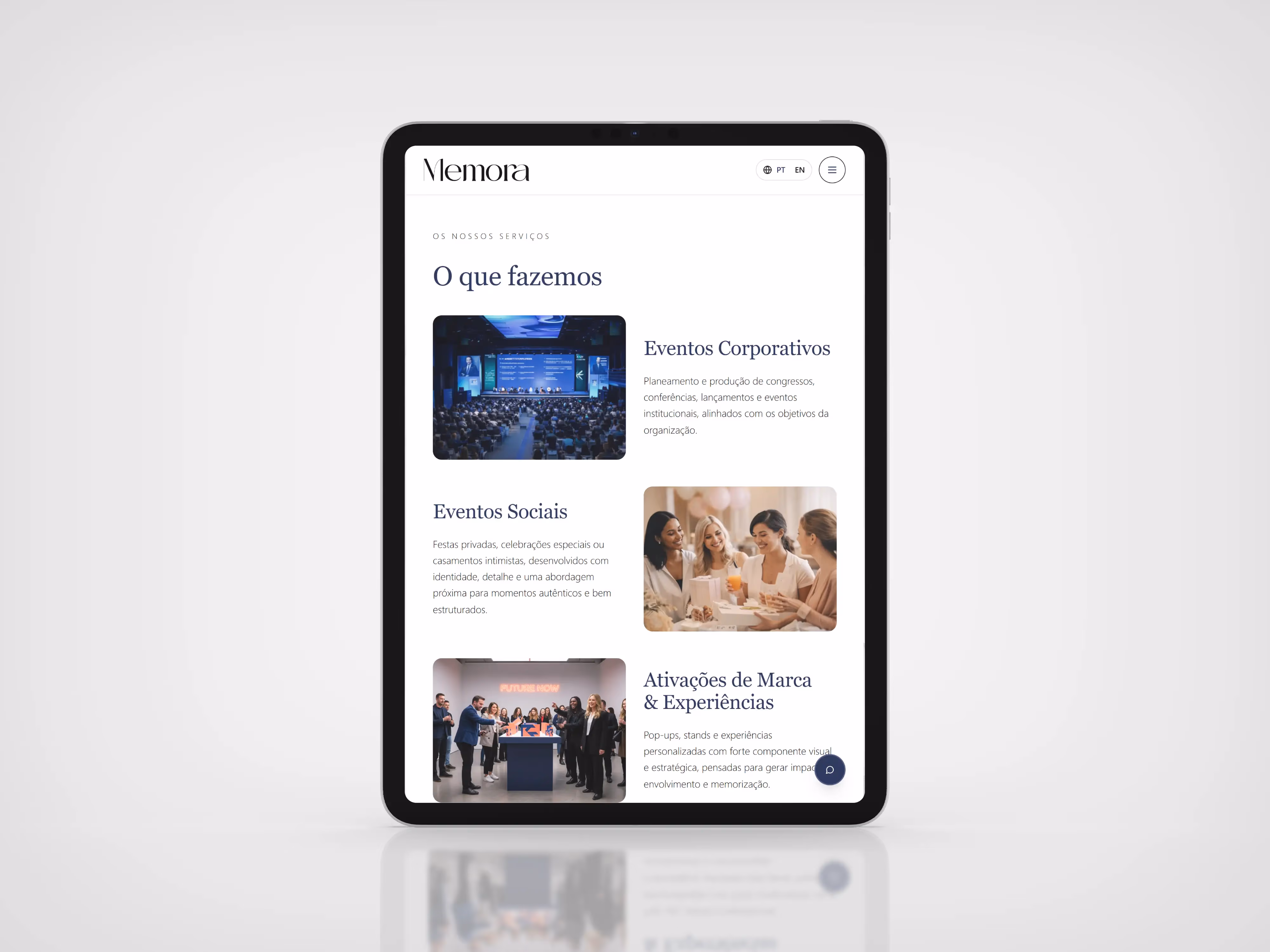 Website Memora Events em tablet